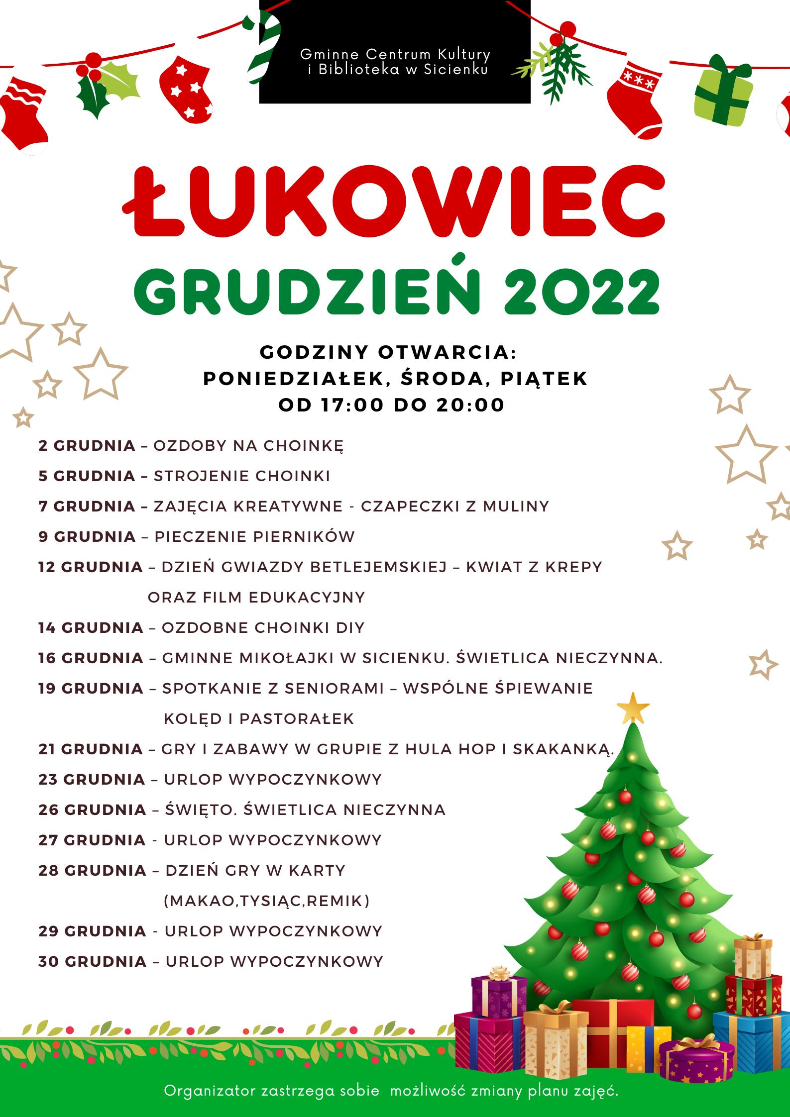 Plan pracy - grudzień 2022 Łukowiec
