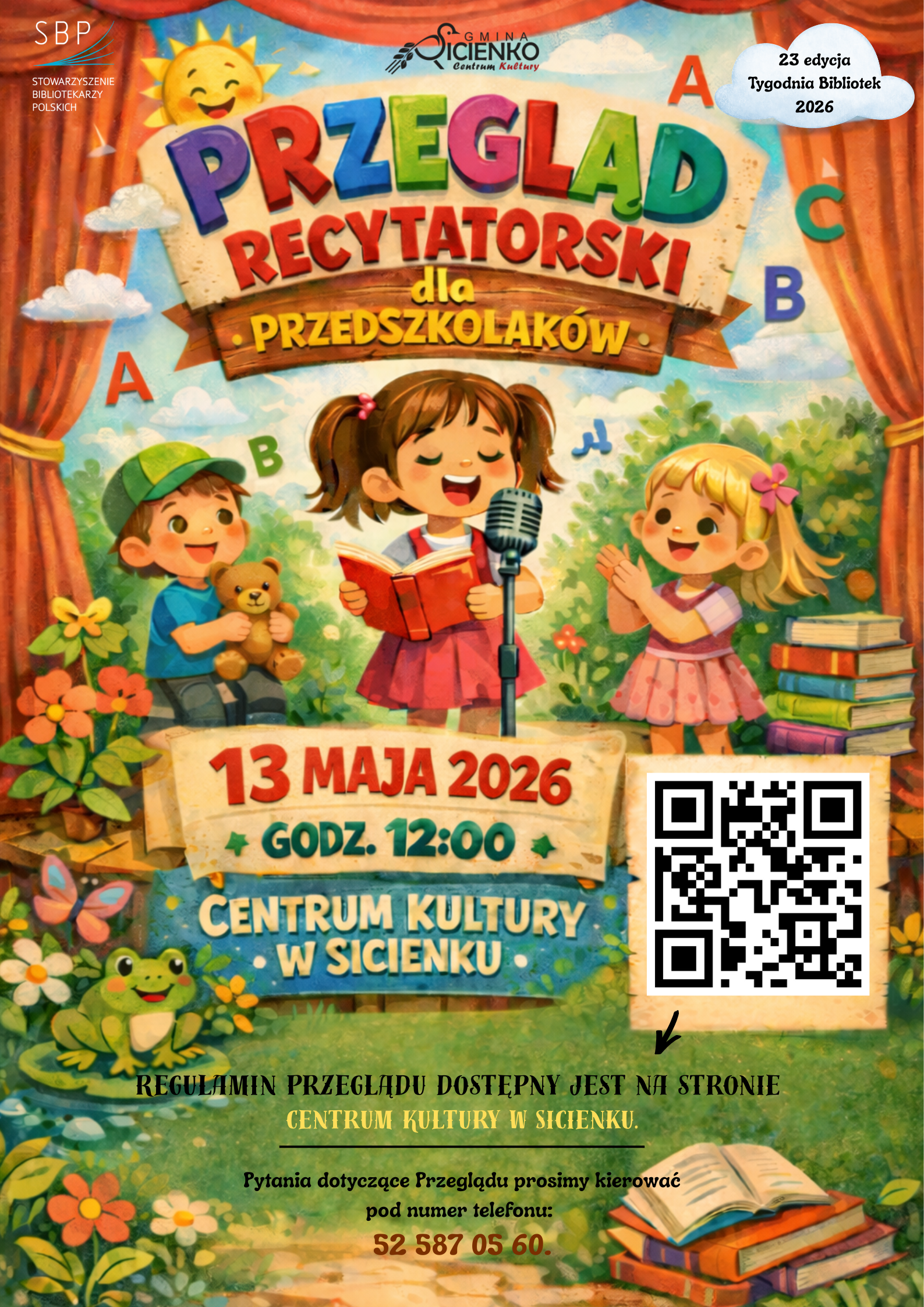 Plakat &bdquo;Przegląd Recytatorski dla Przedszkolak&oacute;w&rdquo;. Ilustracja dzieci recytujących przy mikrofonie. Data: 13 maja 2026, godz. 12:00. Miejsce: Centrum Kultury w Sicienku. Na plakacie także kod QR i numer telefonu.